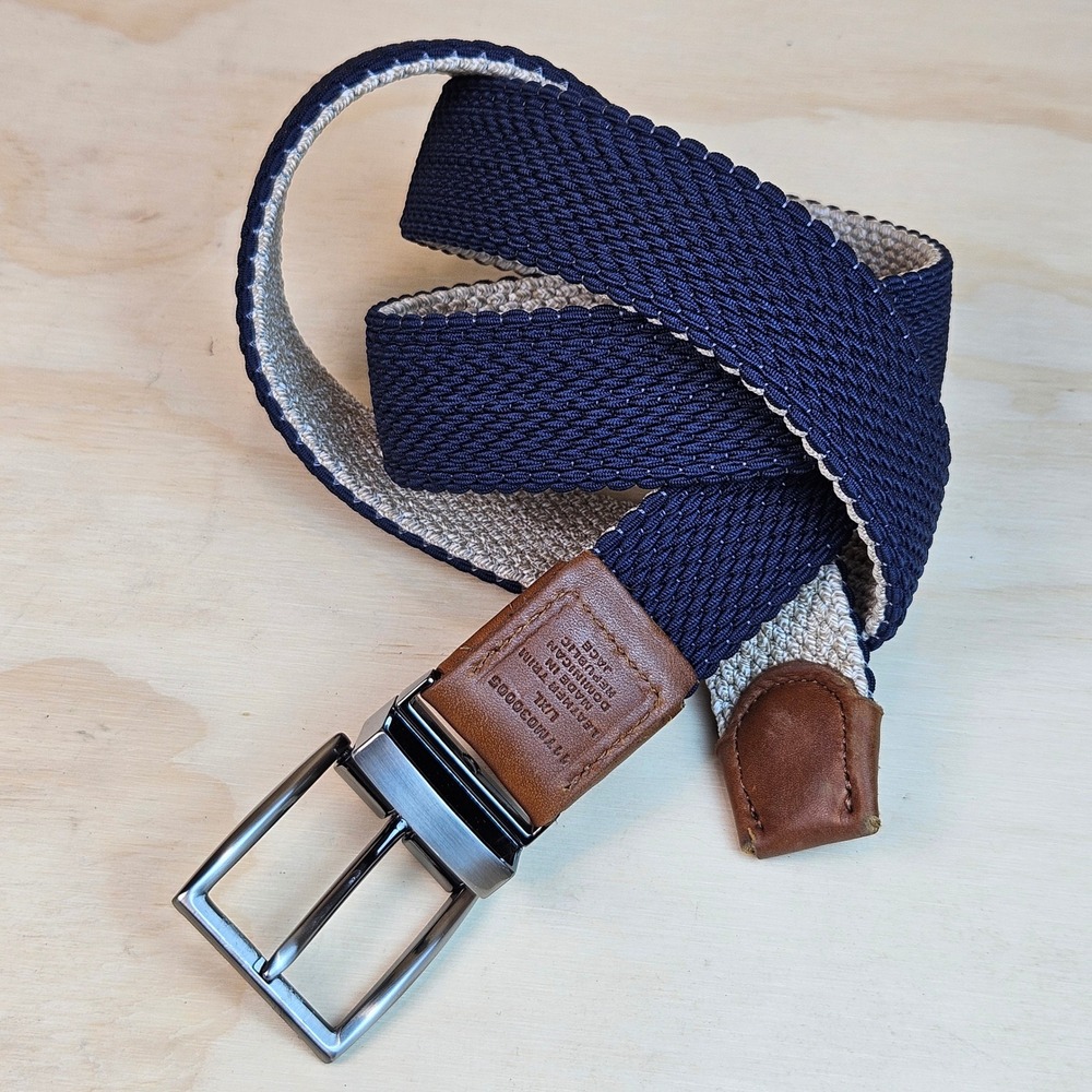 Tommy Bahama Mens Reversible Braided Belt Navy Tan Leather Trim L/XL 11TM030005